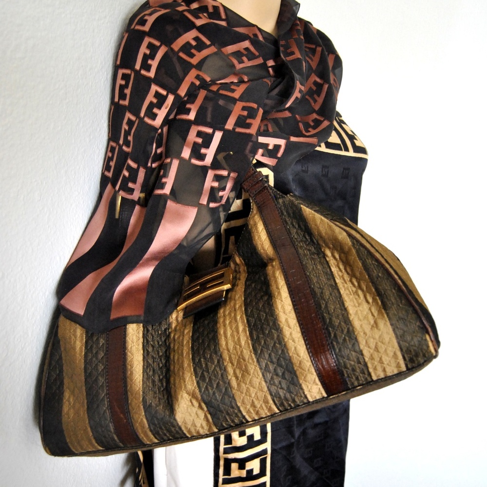 SOLD! Authentic FENDI FF Logo Pequin Bag Baguette Boston - Picture 7 of 7